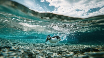 A puffin captured mid-dive, plunging into the water to catch fish.