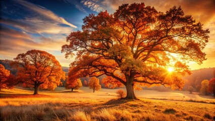 Wall Mural - Golden Autumn Oak Trees: Sunset Landscape Photography