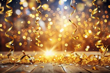 Wall Mural - Golden Confetti & Streamers Falling on Stage Bokeh Background - Stock Photo