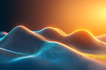 Abstract digital landscape with illuminated wave patterns, featuring vibrant orange and blue hues in a mesmerizing modern art style