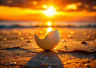 Wall Mural - Golden Hour Egg Silhouette: Fragile, Weathered, Sandy Surface