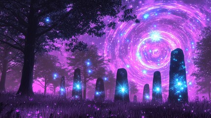 Wall Mural - ethereal landscape with glowing stones under a colorful spiral galaxy and mystical atmosphere at twi