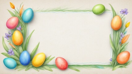 Wall Mural - Easter eggs and flowers colored pencil style illustrated frame border with copy space