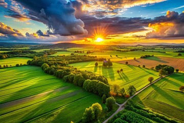 Wall Mural - Golden Sunset Meadow Landscape: Aerial Drone Photography of Breathtaking Nature Scenery