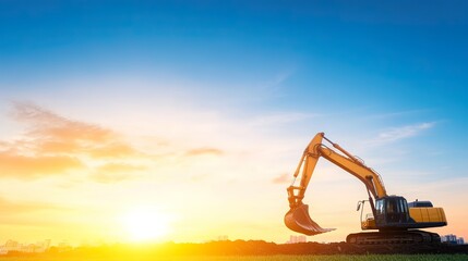 Excavator at sunrise on construction site with vibrant sky background