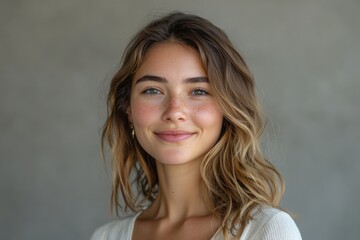 Smiling woman with blonde hair in a bright and cheerful portrait