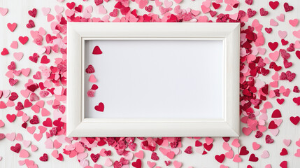 Valentine's Day theme with pink and red paper heart confetti in a white wooden frame, minimalist design and romantic aesthetic with ample copy space for creative use