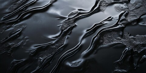 Abstract dark liquid texture with wavy patterns and granular details.