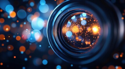 Wall Mural - Close-up of a camera lens with bokeh lights