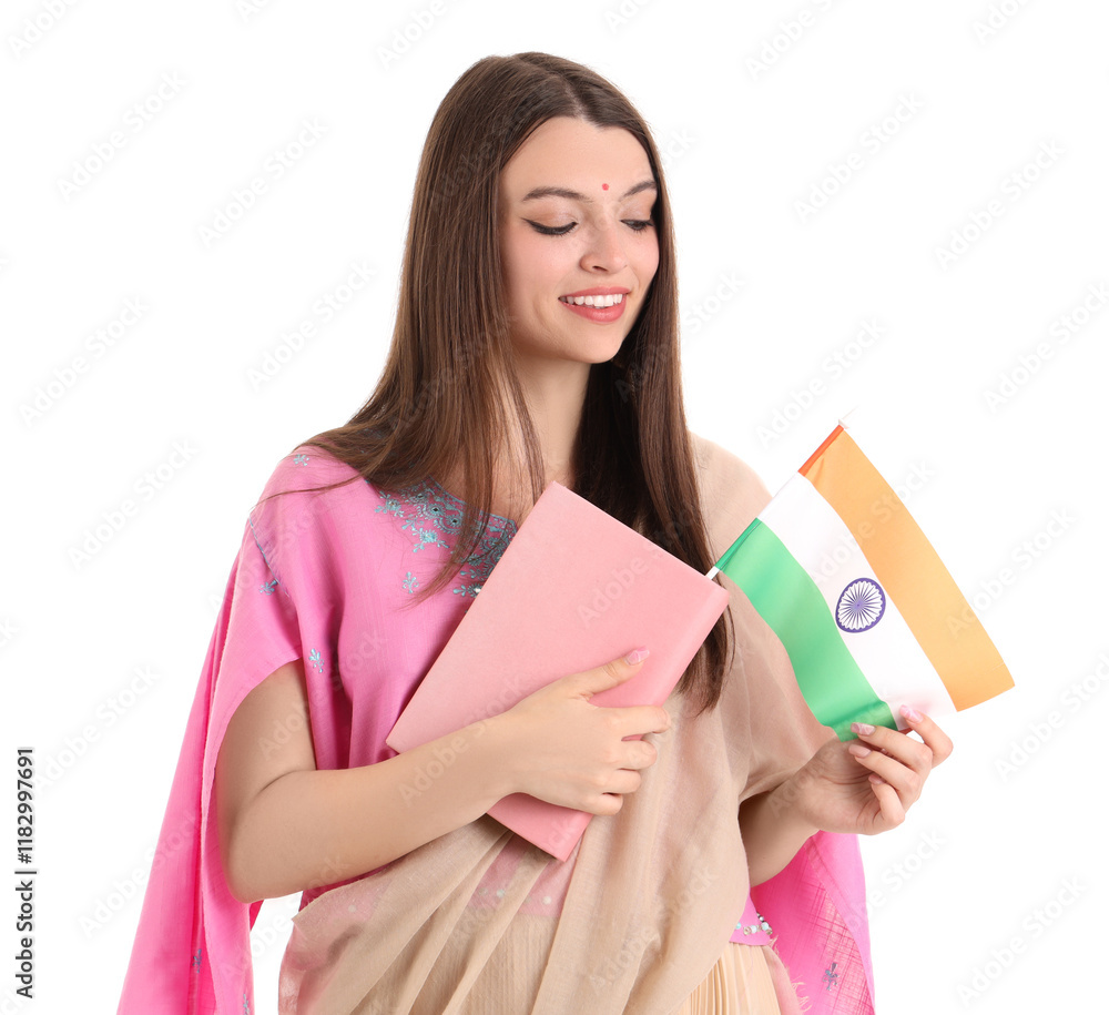 Young woman with Indian flag and book on white background