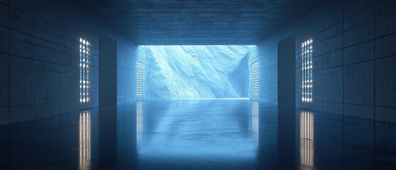 Poster - Futuristic Minimalist Indoor Space with Blue Lighting and Dramatic Shadows