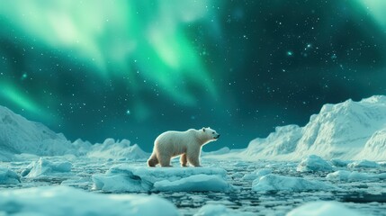 polar bear standing on icebergs with a backdrop of auroras