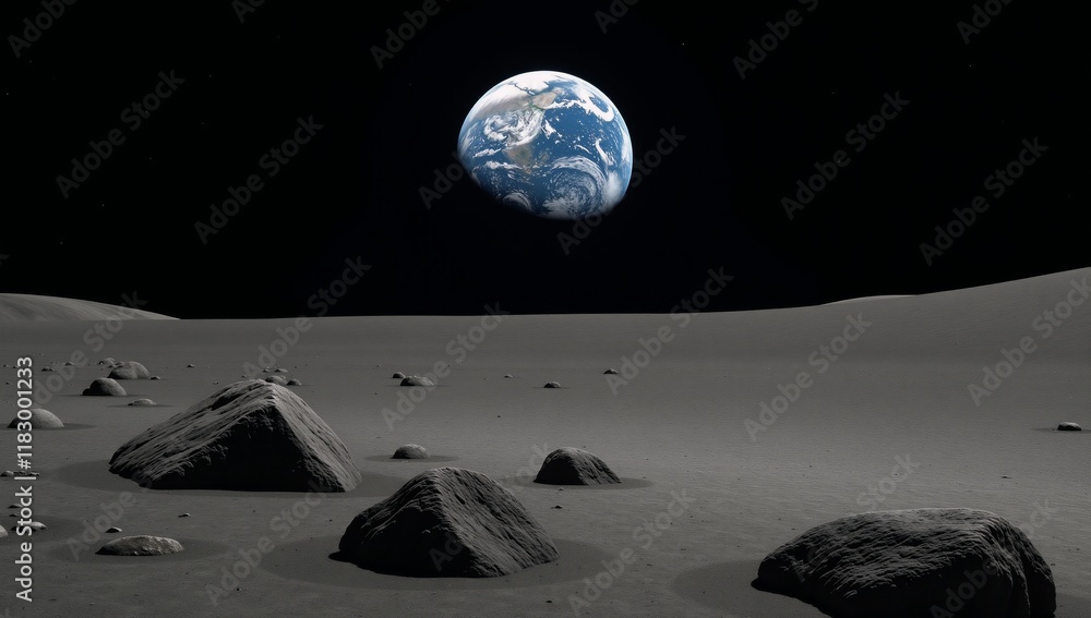 View of Earth with stars sun from Moons surface Night Sky Lunar ...