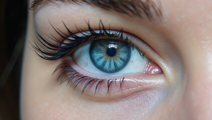 Stunning close-up portrait featuring a beautiful blue eye with long eyelashes