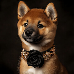 Wall Mural - shiba inu with a black rose necklace