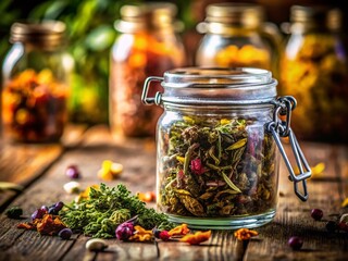 Wall Mural - Herbal Tea in Glass Jar - Natural Remedy, Healthy Drink,  Botanical Infusion,  Organic Beverage Stock Photo