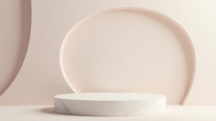 Poster - Elegant Marble Pedestal on a Soft Pink Background with Abstract Shapes