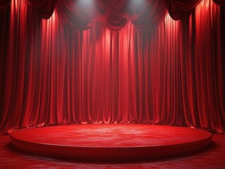 Aufkleber - Red Stage Podium with Spotlight and Velvet Curtains for Theatrical Presentation