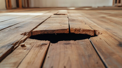 Poster - wide hole in wooden floor reveals space below, showcasing rustic wooden planks and natural textures. This captures essence of aged flooring and potential renovation