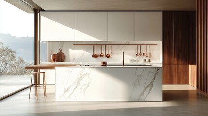 Modern Minimalist Kitchen With Marble Island And Mountain View