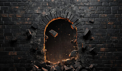 Poster - Black brick wall with hole in center, debris scattered around, creating dramatic effect of destruction and breakthrough, symbolizing change and opportunity