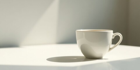 Poster - Serene morning sunlight illuminates a single cup of coffee on a minimalist table
