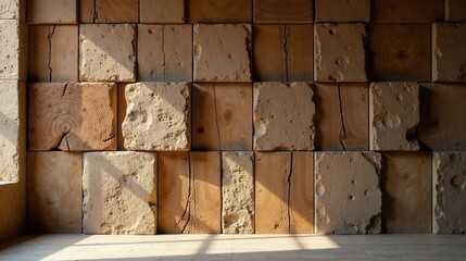 Leinwandbilder - Sunlit Architectural Wall of Textured Wood and Stone Blocks