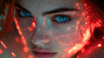 Wall Mural - Close-up portrait of a young woman with red hair and blue eyes, illuminated by red light, showing glowing lines on her face.