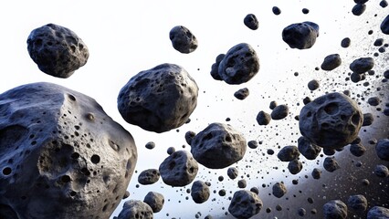 Wall Mural - isolated black asteroid belt, space rocks, cosmic debris, white background stock photo