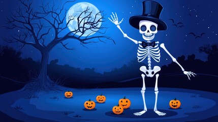 Wall Mural - A friendly skeleton in a top hat waving at the viewer under a full moon in a spooky Halloween night landscape.