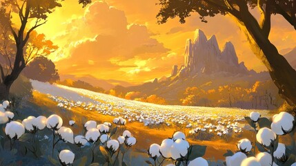 Wall Mural - A golden sunset over a cotton field with dramatic mountains in the distance. Lush vegetation and soft light create a serene and picturesque scene.