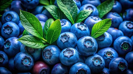 Wall Mural - Juicy Blueberries with Lush Green Leaves - Low Light Photography Stock Photo