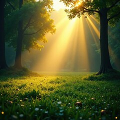 Wall Mural - A misty forest bathes in a warm golden light, as morning dew glistens on the grass, dew, forest, grass
