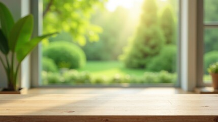 Poster - Sunlight Illuminates a Wooden Tabletop with a Lush Green Garden View