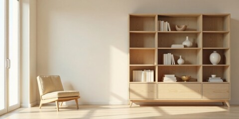 Poster - Modern Minimalist Room Design with Light Wood Bookcase and Comfortable Chair