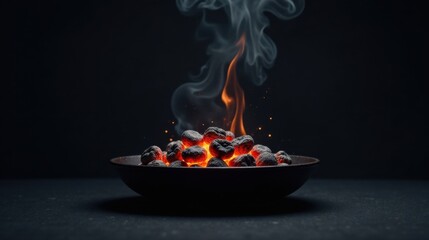Poster - Glowing Embers in a Dark Bowl with Rising Smoke and Flames