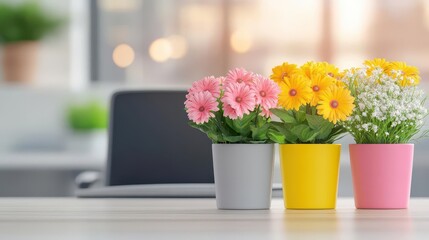 Aufkleber - Vibrant Display of Three Colorful Flowers in a Decorative Pot on a Wooden Table Creating a Cheerful and Lively Ambiance in Indoor Setting