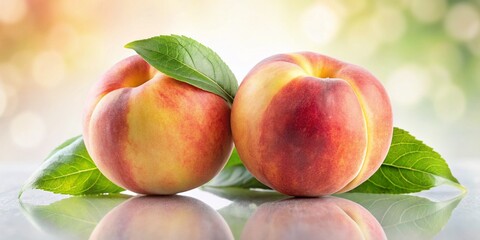 Wall Mural - Juicy Ripe Peaches with Leaf, Bokeh Background - High-Resolution Stock Photo