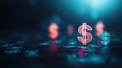 Aufkleber - A creative visual of dollar signs glowing in a dark space, neon lighting, abstract composition