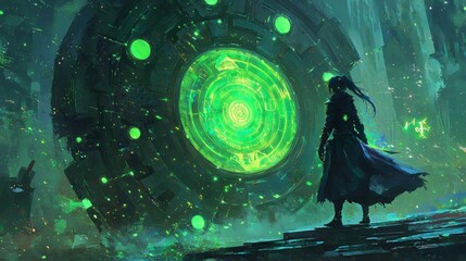 Wall Mural - mysterious figure standing before a glowing portal in an ethereal landscape filled with vibrant colo
