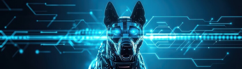 Aufkleber - A Playful Dog Surrounded by a Vibrant Futuristic Cityscape Featuring Neon Lights and Advanced Technology Creating a Unique Urban Atmosphere