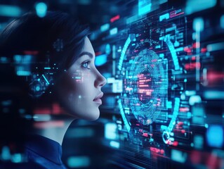 Leinwandbilder - A woman engaged with a high-tech futuristic interface showcasing vibrant holographic displays and advanced digital technology in a modern setting