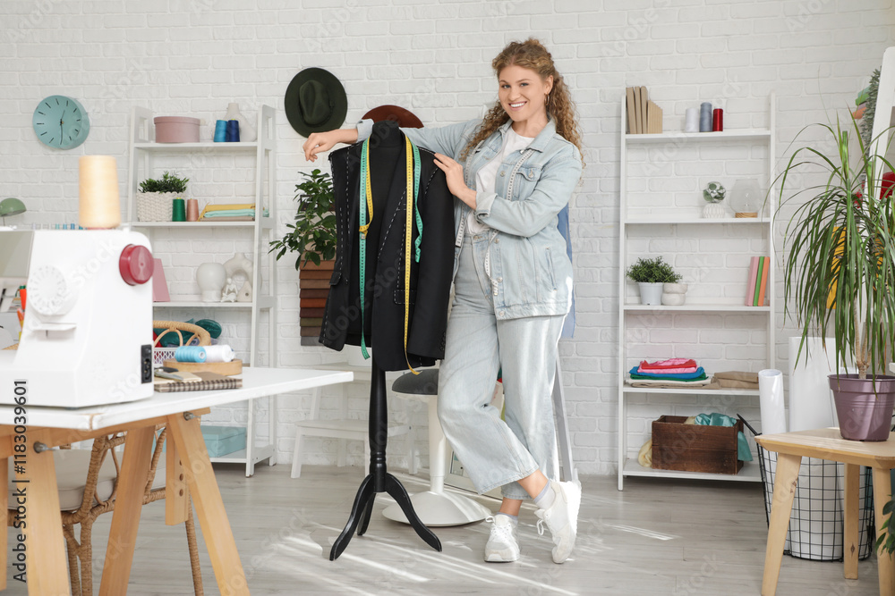 Female fashion designer with mannequin in studio