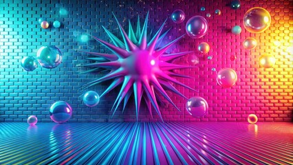 Wall Mural - abstract neon spiky orb and spheres in vibrant room