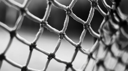 Close-up of knotted netting texture, monochrome. Ideal for themes of sports, security, or entrapment.