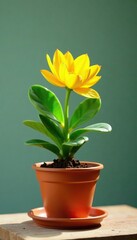 Yellow petals unfolding around a small plant in a terracotta pot, greenery, orange, plants