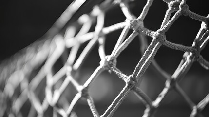 Close-up monochrome shot of knotted netting. Ideal for themes of sports, obstacles, or teamwork.