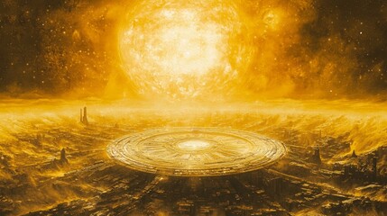 Wall Mural - surreal landscape of a golden distant world with celestial bodies and mystical features under a brig