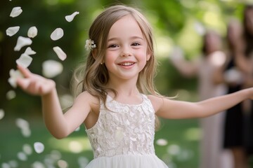 Wall Mural - Portrait of a young flower girl tossing petals, joyful expression, lush greenery and wedding guests blurred in the background