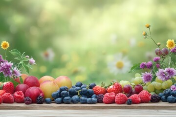 Aufkleber - Vibrant Display of Fresh Fruits and Colorful Flowers Arranged on Rustic Wooden Table Evoking a Warm and Inviting Atmosphere of Abundance